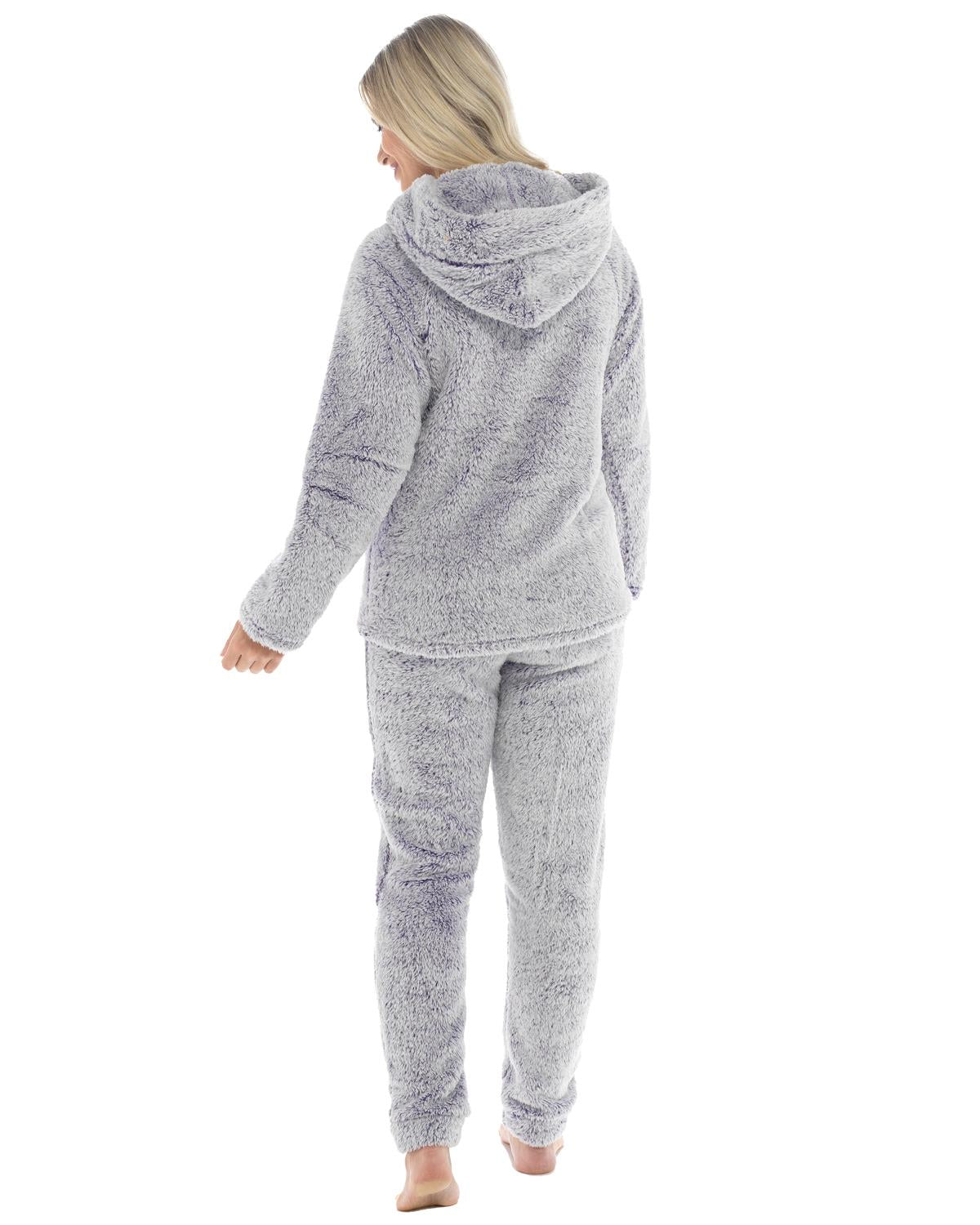 Womens Long Pile Fleece Hooded Pyjamas