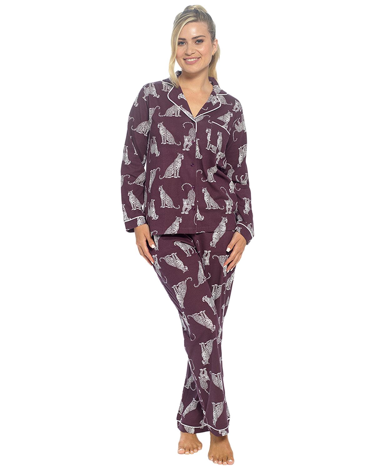 Foxbury Womens Button Through Jersey Cotton Long Pyjamas