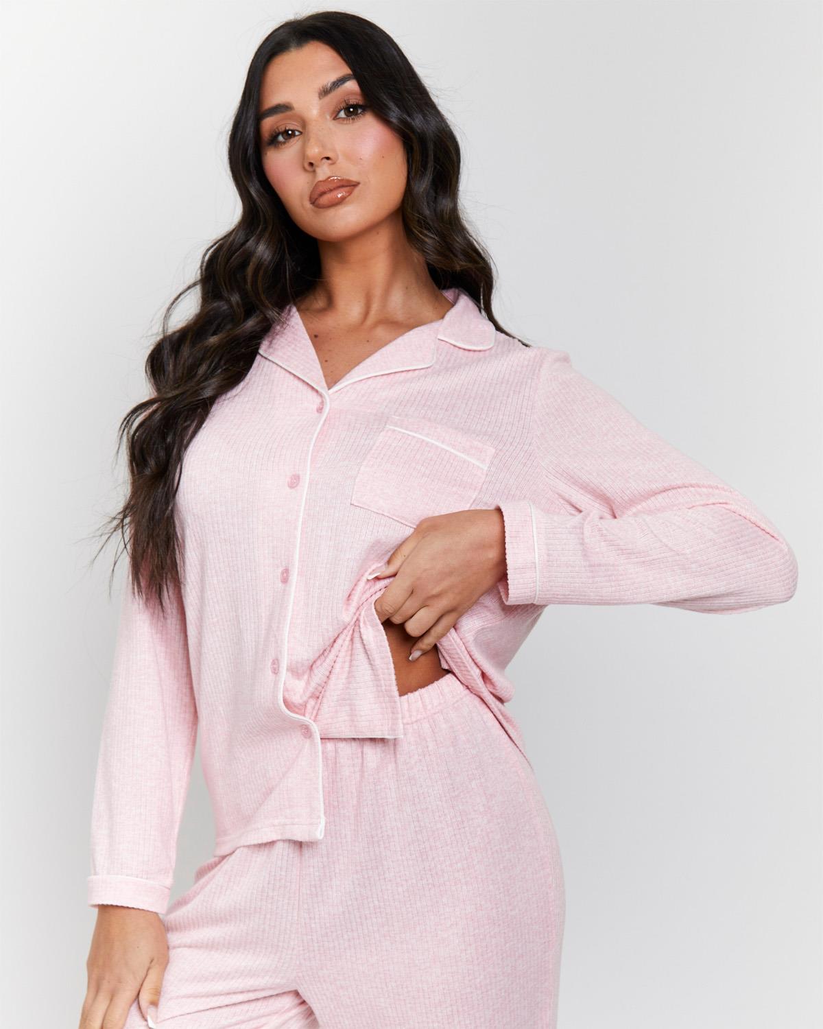 Loungeable Womens Marl Brushed Rib Buttoned Pyjamas