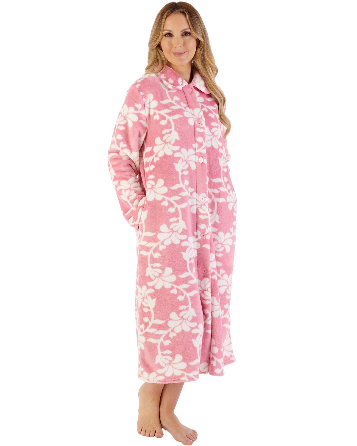 Slenderella Womens 46" Floral Flannel Fleece Button Housecoat