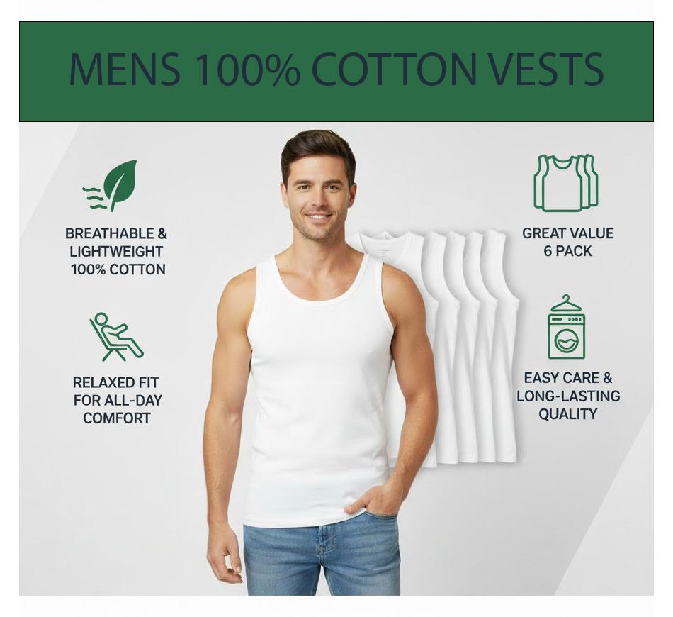 Slumber Hut Mens 6 Pack 100% Cotton Jersey Vests