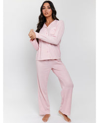 Loungeable Womens Marl Brushed Rib Buttoned Pyjamas