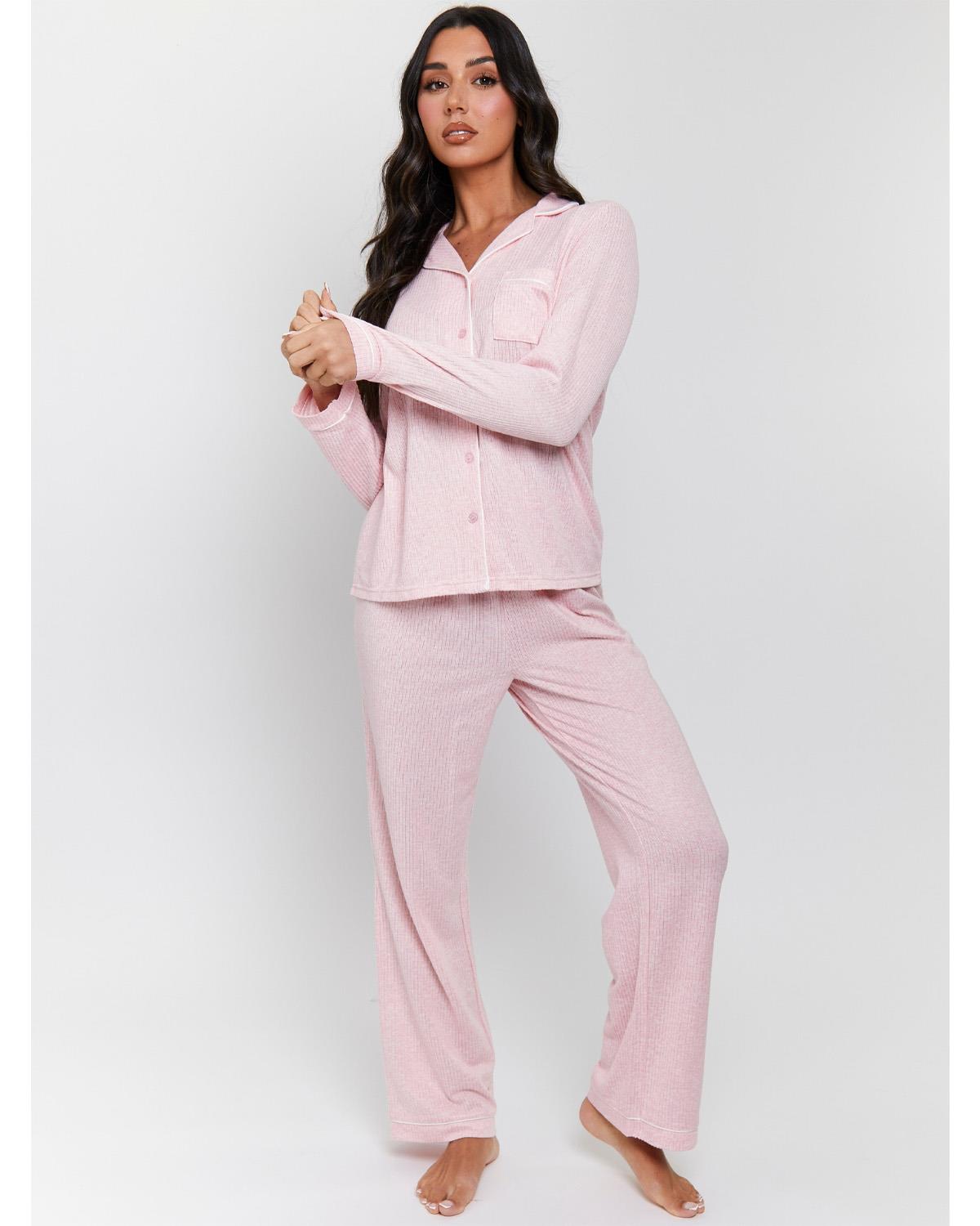Loungeable Womens Marl Brushed Rib Buttoned Pyjamas