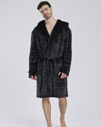Loungeable Mens Black Check Fleece Dressing Gown