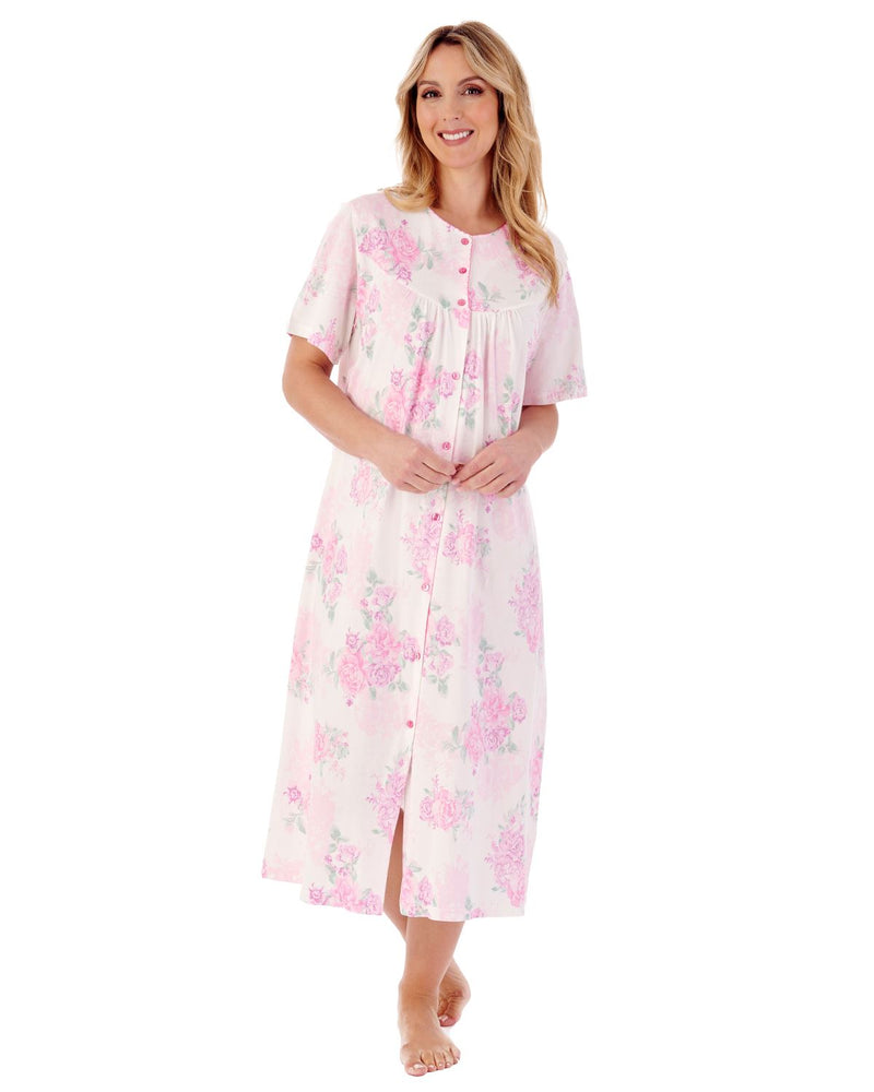 Slenderella Womens 46" Large Floral Short Sleeve Cotton Button Nightie