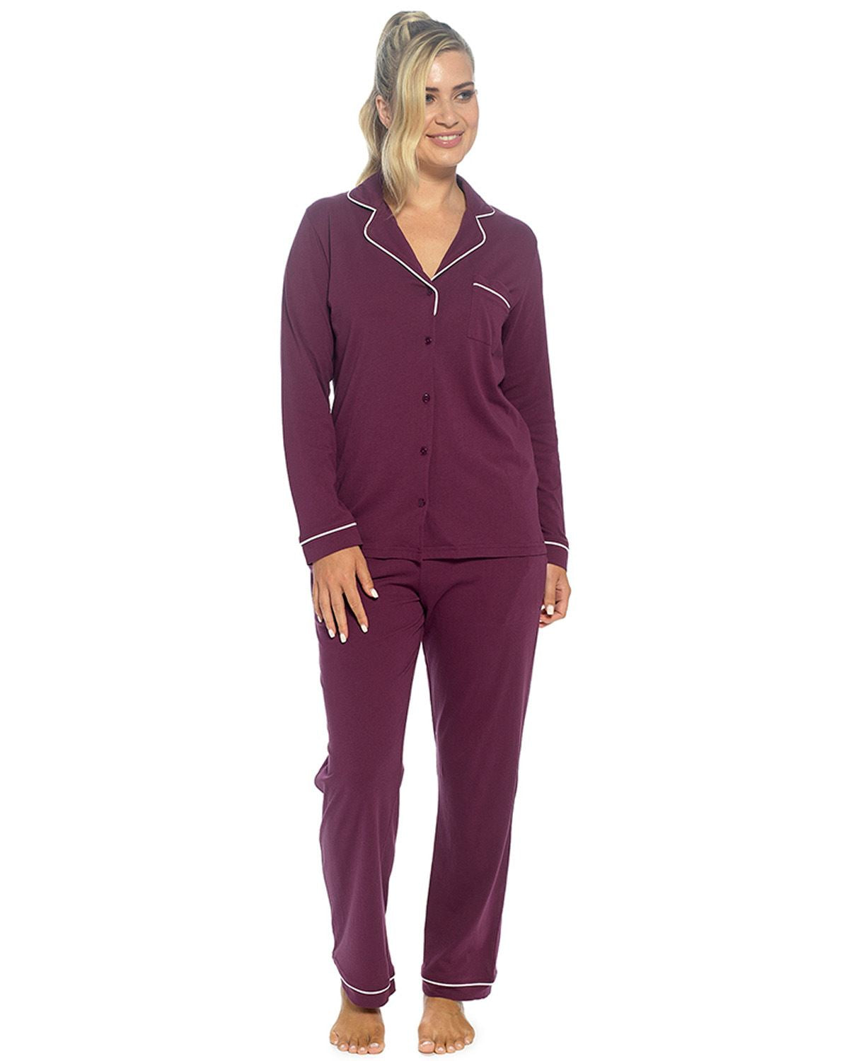 Foxbury Womens Button Through Jersey Cotton Long Pyjamas