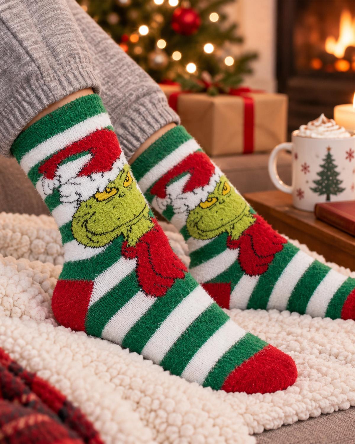 2 Pairs Womens Grinch Stripey Feather Cosy Socks 4-8