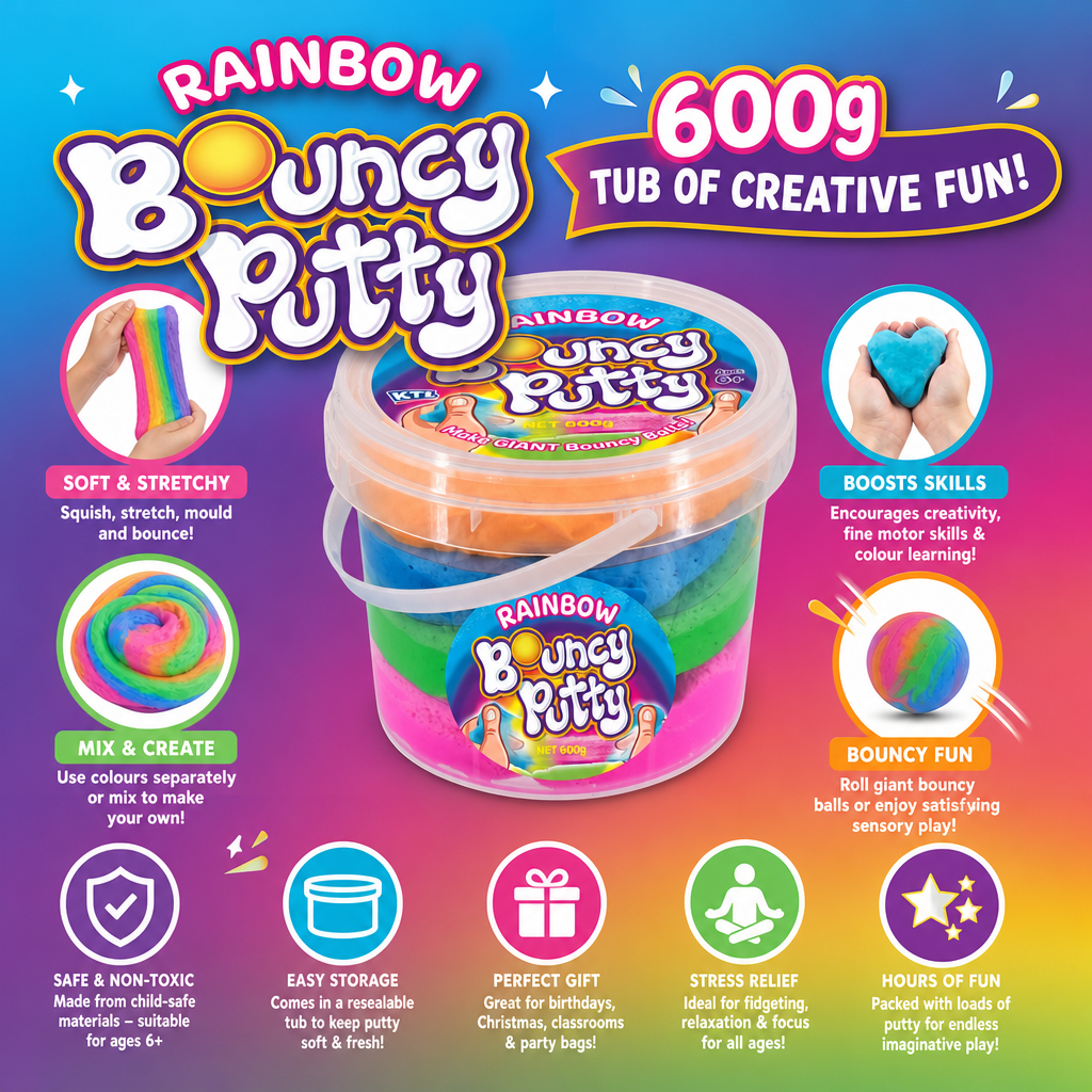 Jumbo 600g Rainbow Putty - Soft Stretchy Bouncy Sensory Slime for Kids