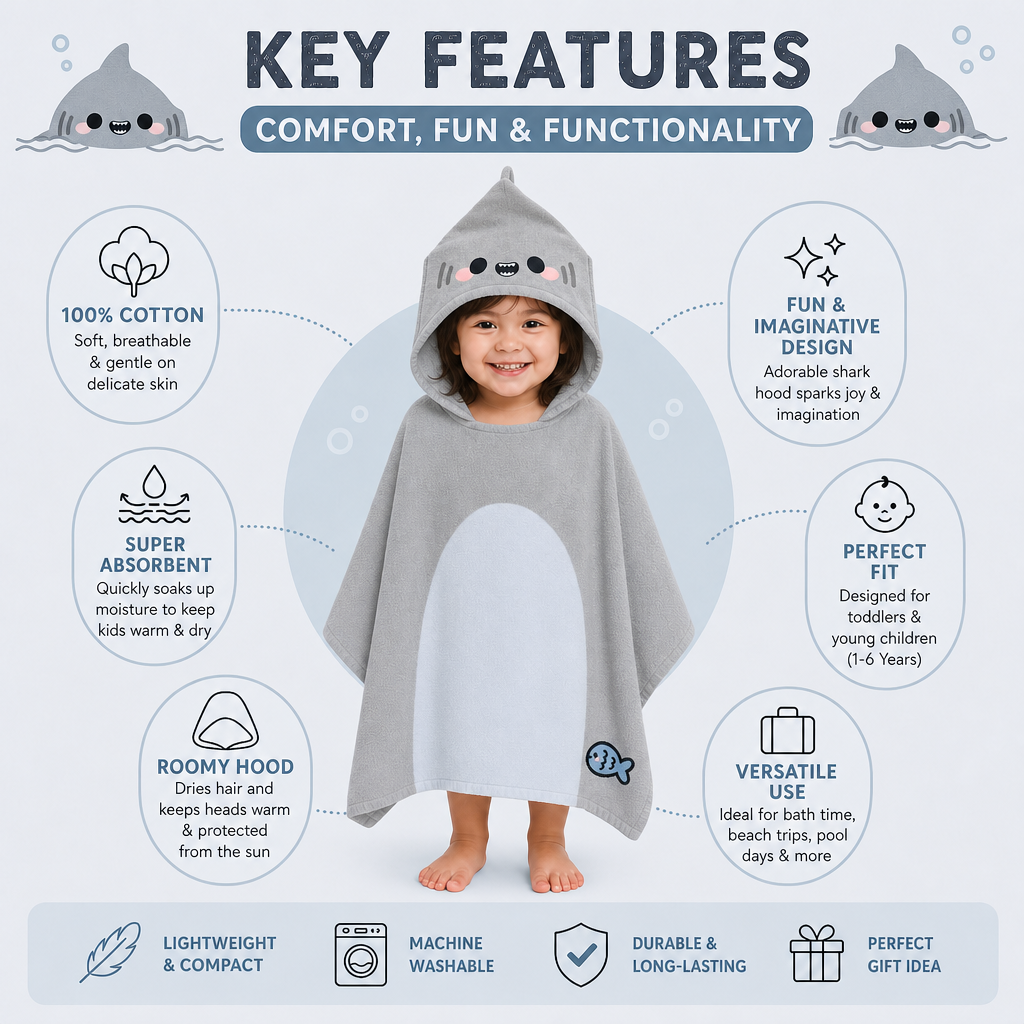 Adoramals Archie the Shark Kids Hooded Towel