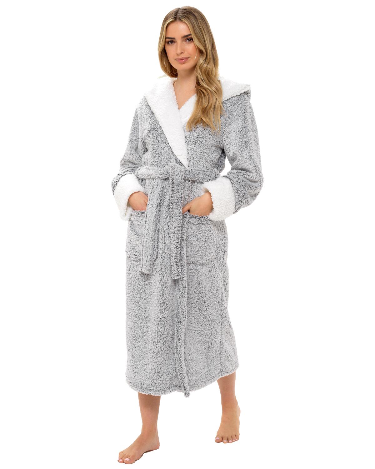 Womens Textured Fleece Sherpa Trim Dressing Gown