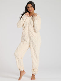 Loungeable Womens Cable Cut Faux Fur Trim Onesie