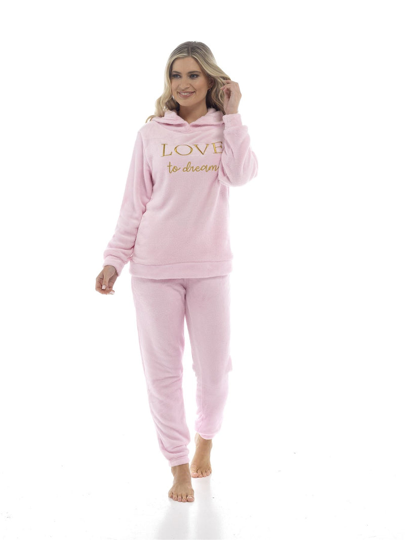 Womens Polished Fleece Slogan Hooded Pyjamas