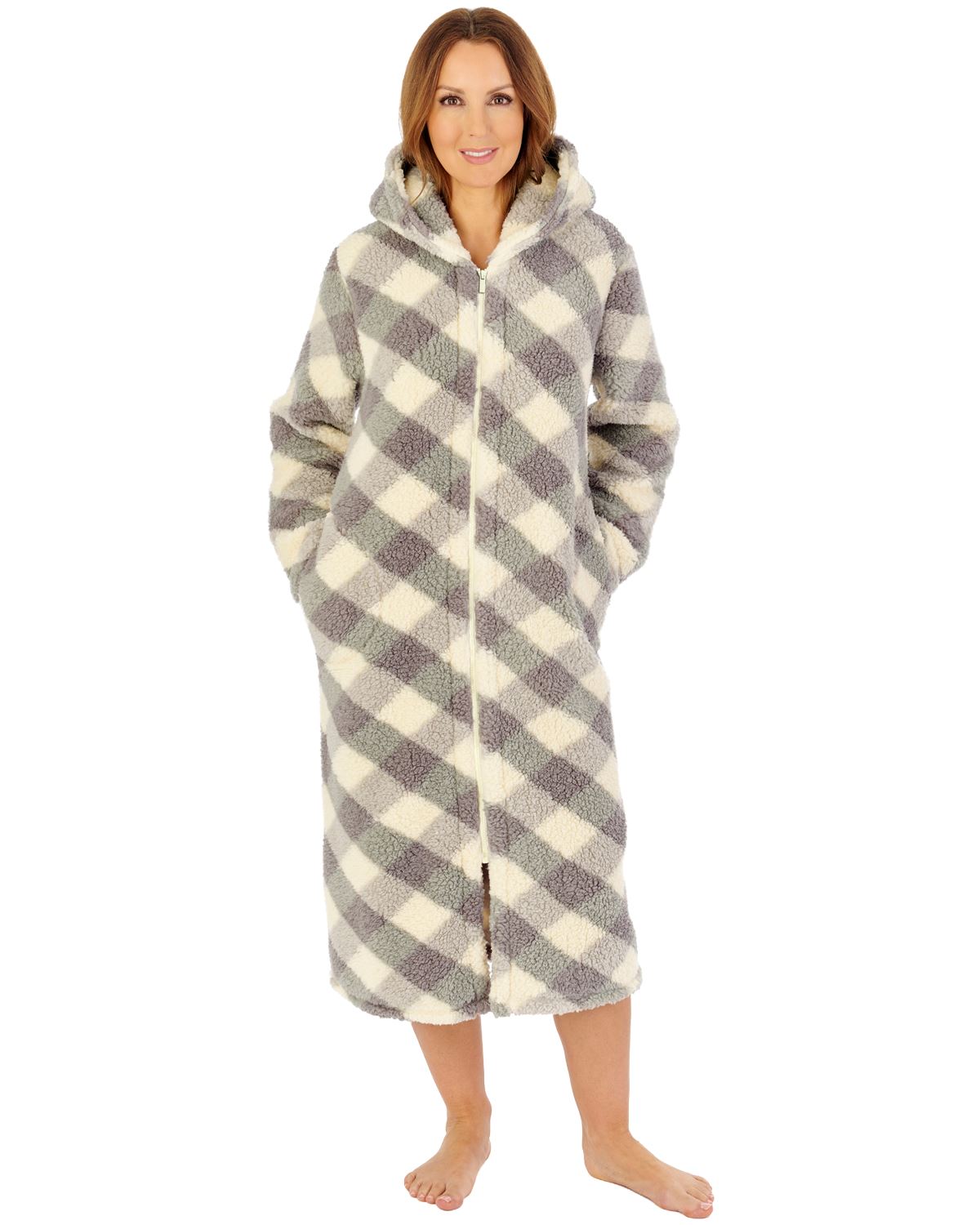 Slenderella Womens Printed Check Fleece  46" Zip Housecoat