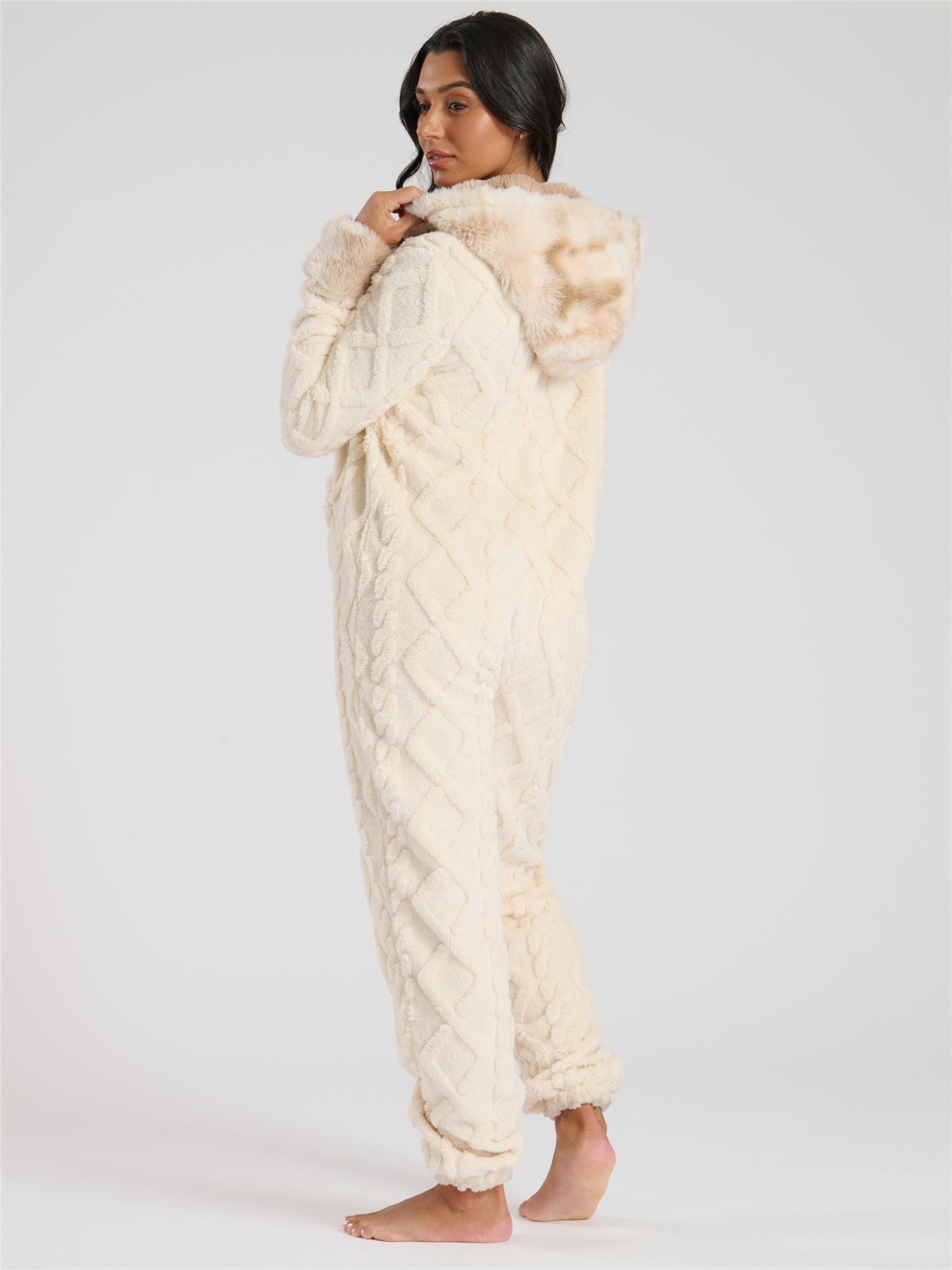 Loungeable Womens Cable Cut Faux Fur Trim Onesie