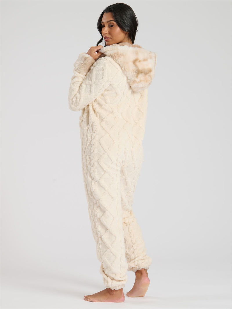 Loungeable Womens Cable Cut Faux Fur Trim Onesie