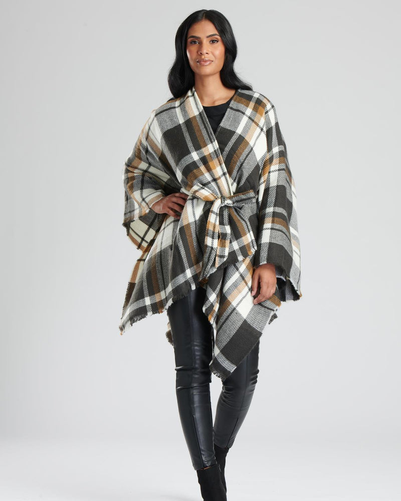 South Beach Womens Check Belted Waist Poncho