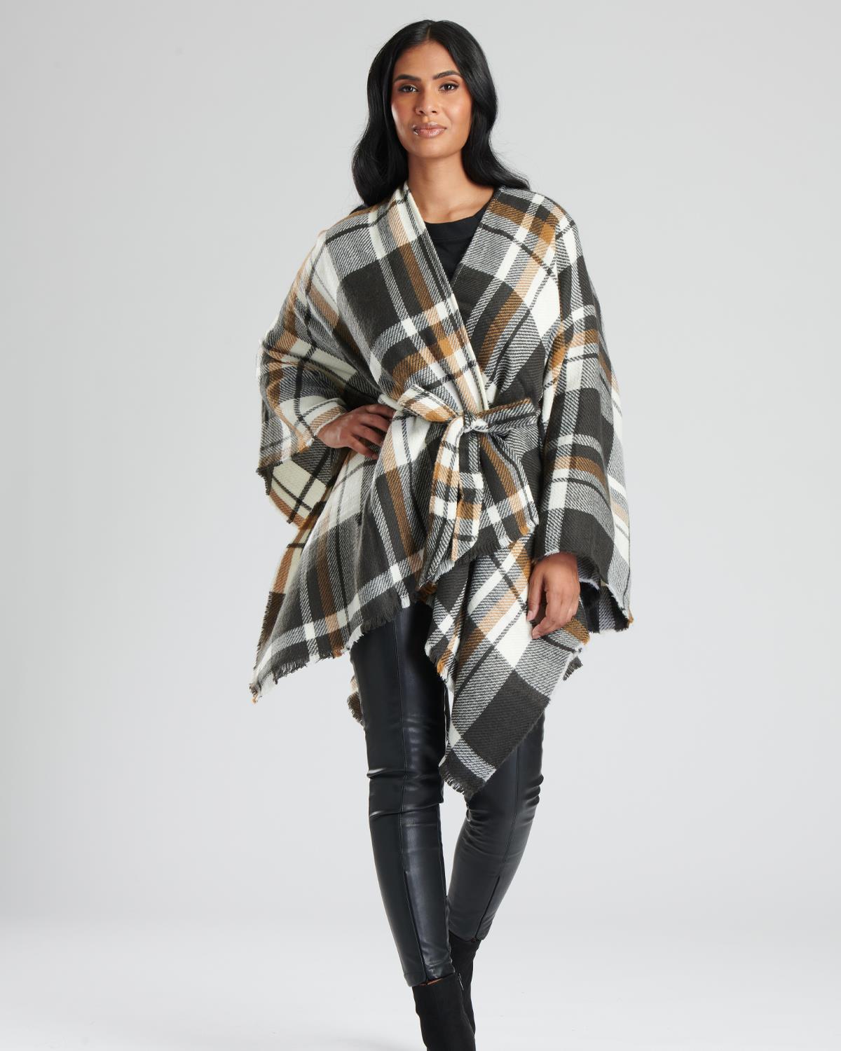 South Beach Womens Check Belted Waist Poncho