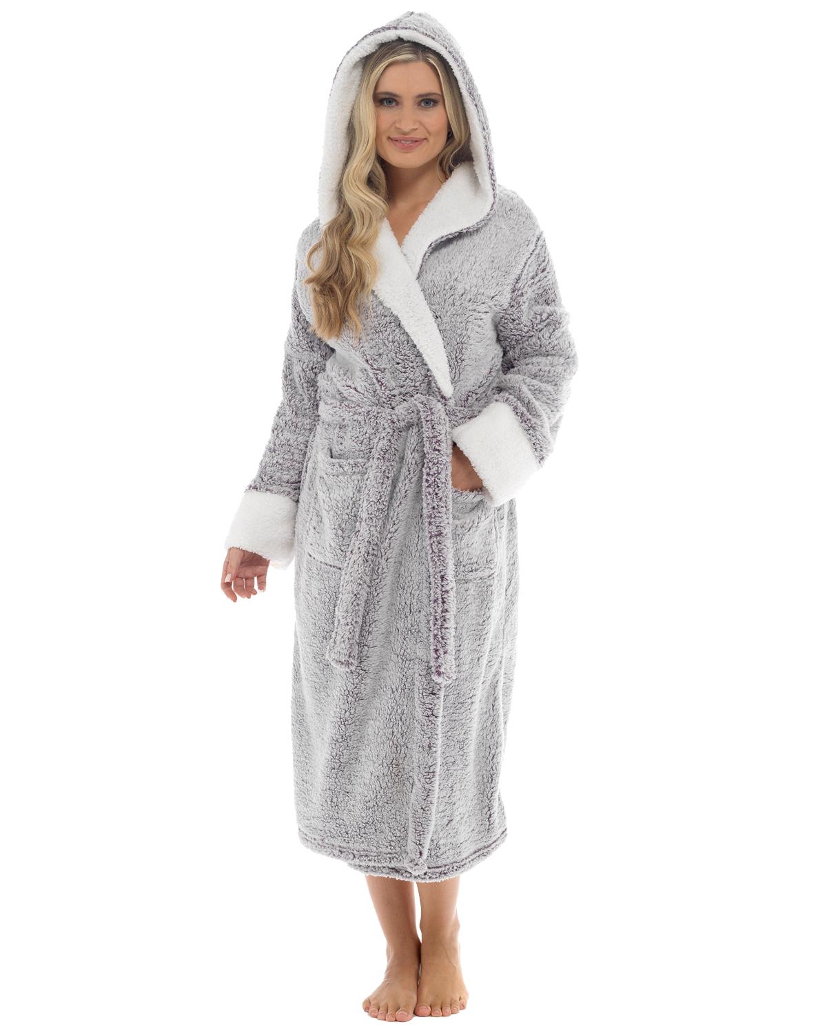Womens Textured Fleece Sherpa Trim Dressing Gown