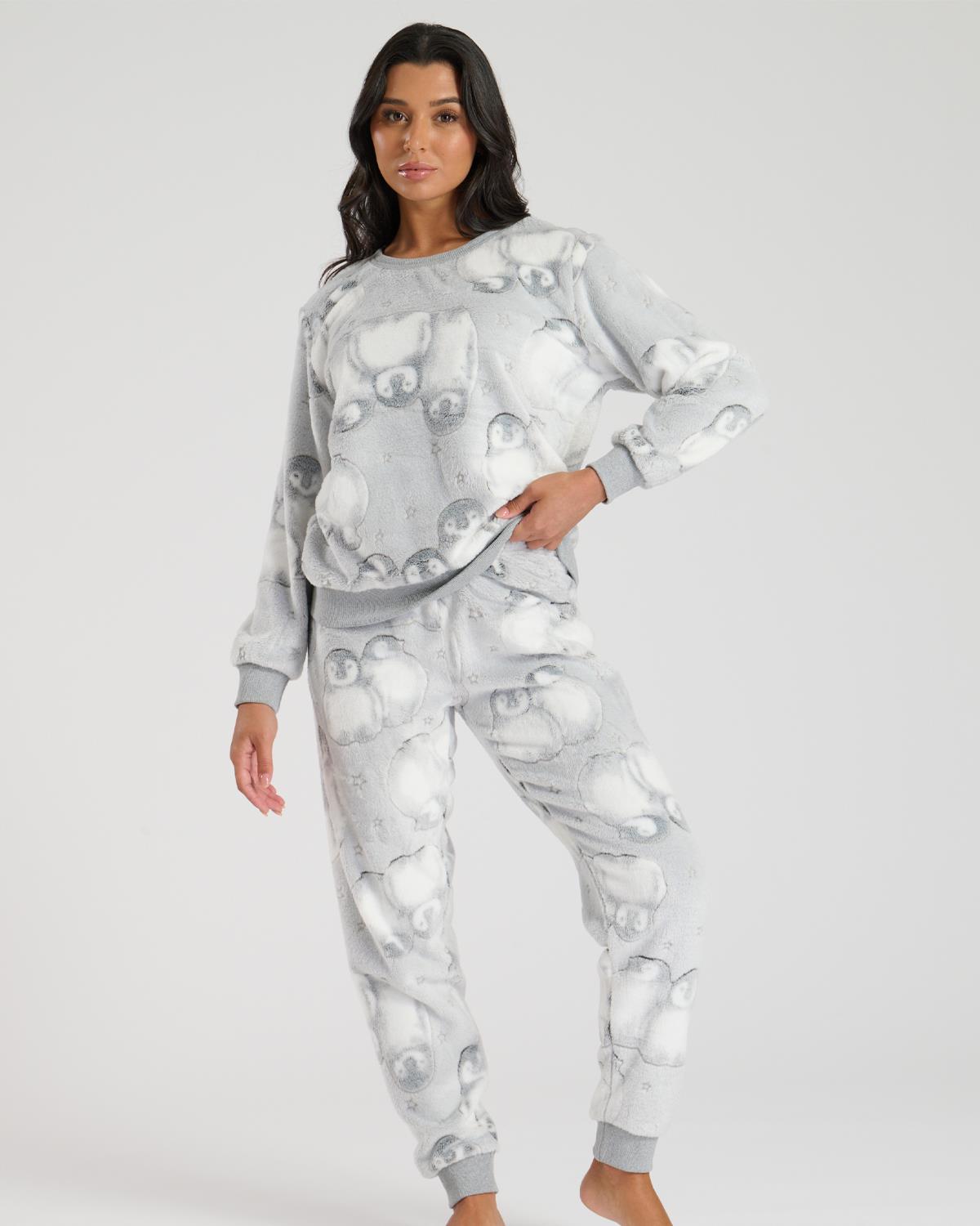Loungeable Womens Grey Penguin Fleece Pyjamas