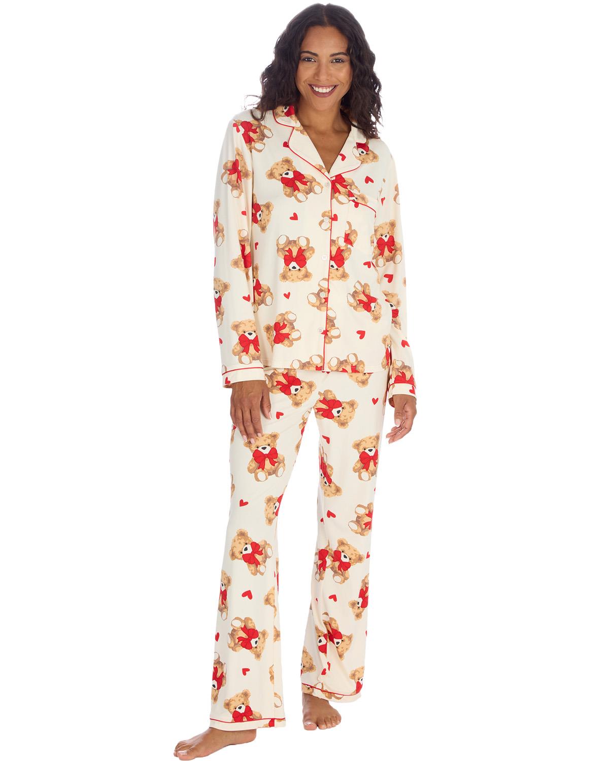 Womens & Girls Pyjamas Set Teddy Bear or Pink Heart Stripe